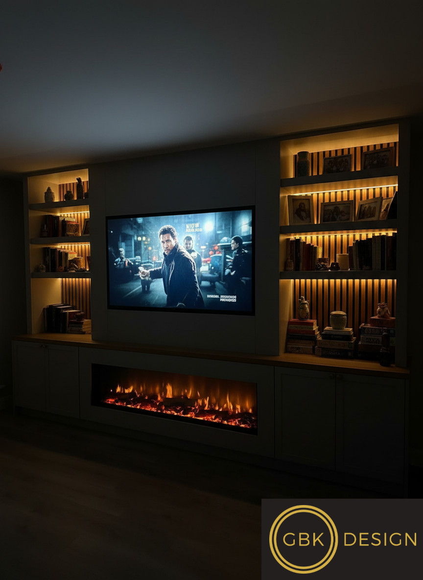 Taupe and Oak Media Wall at Night